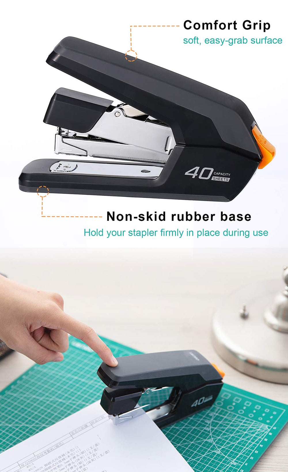 Leven stapler side with rubber base preventing slips and protecting surfaces