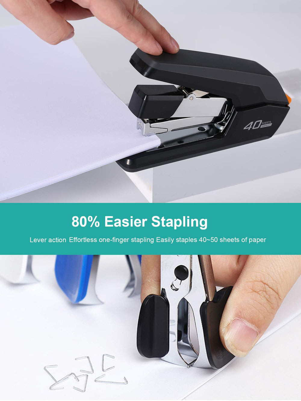 Leven stapler securing a 40-sheet stack illustrating high-capacity performance