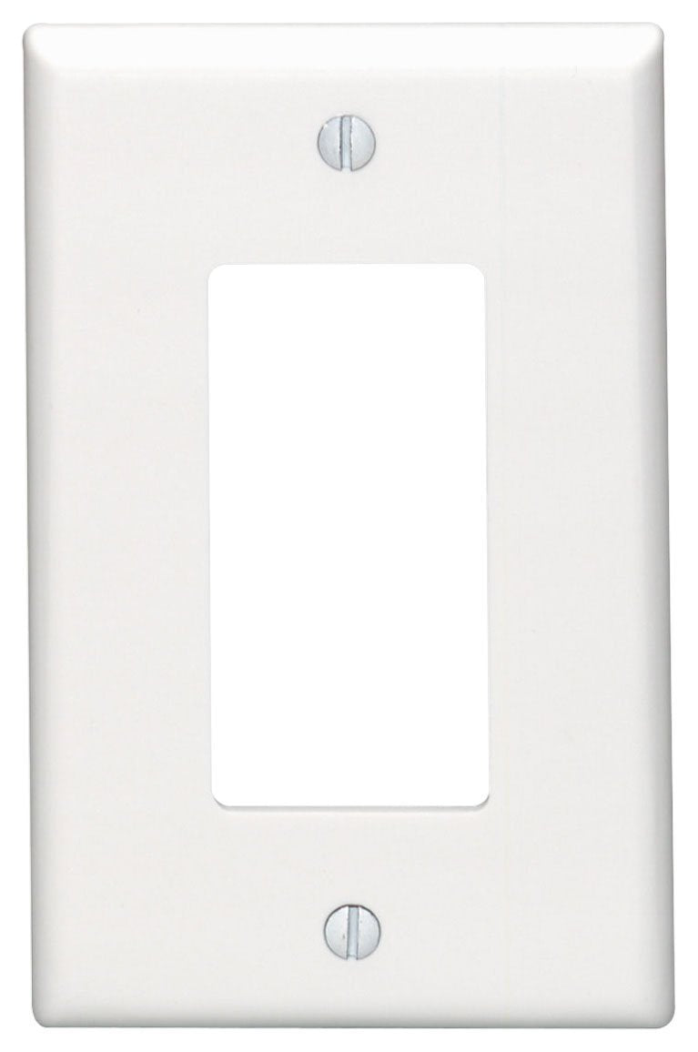 Leviton midway Decora wallplate front view shows clean white finish and wider coverage benefit