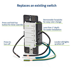 Leviton button closeup with preset labels for quick 10/20/30/60 minute selection