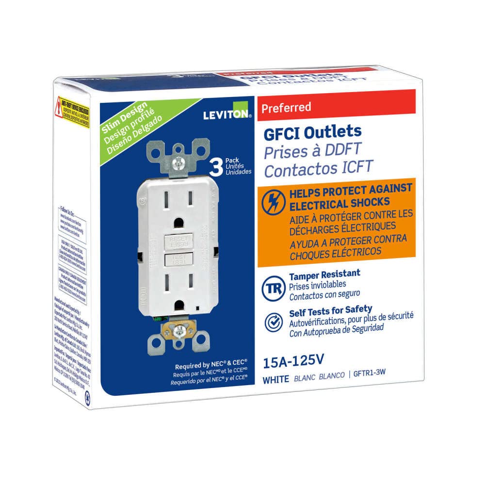 Leviton front view of slim GFCI outlet showing tamper-resistant slots and neat profile benefits