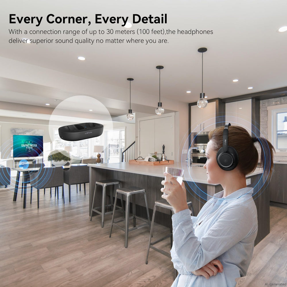 Person wearing LEVN headphones watching TV showing clear audio enjoyment