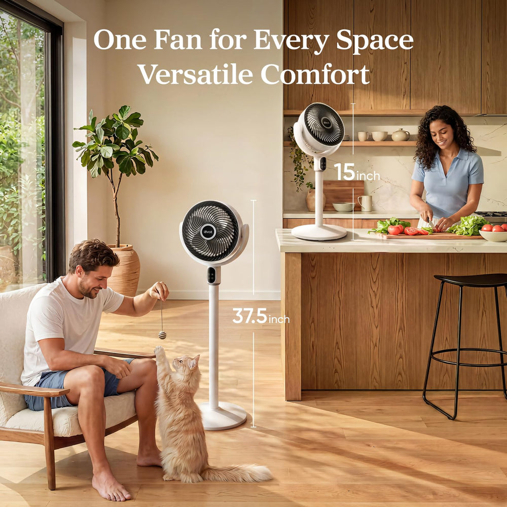 Levoit remote control beside fan demonstrating convenient distance control