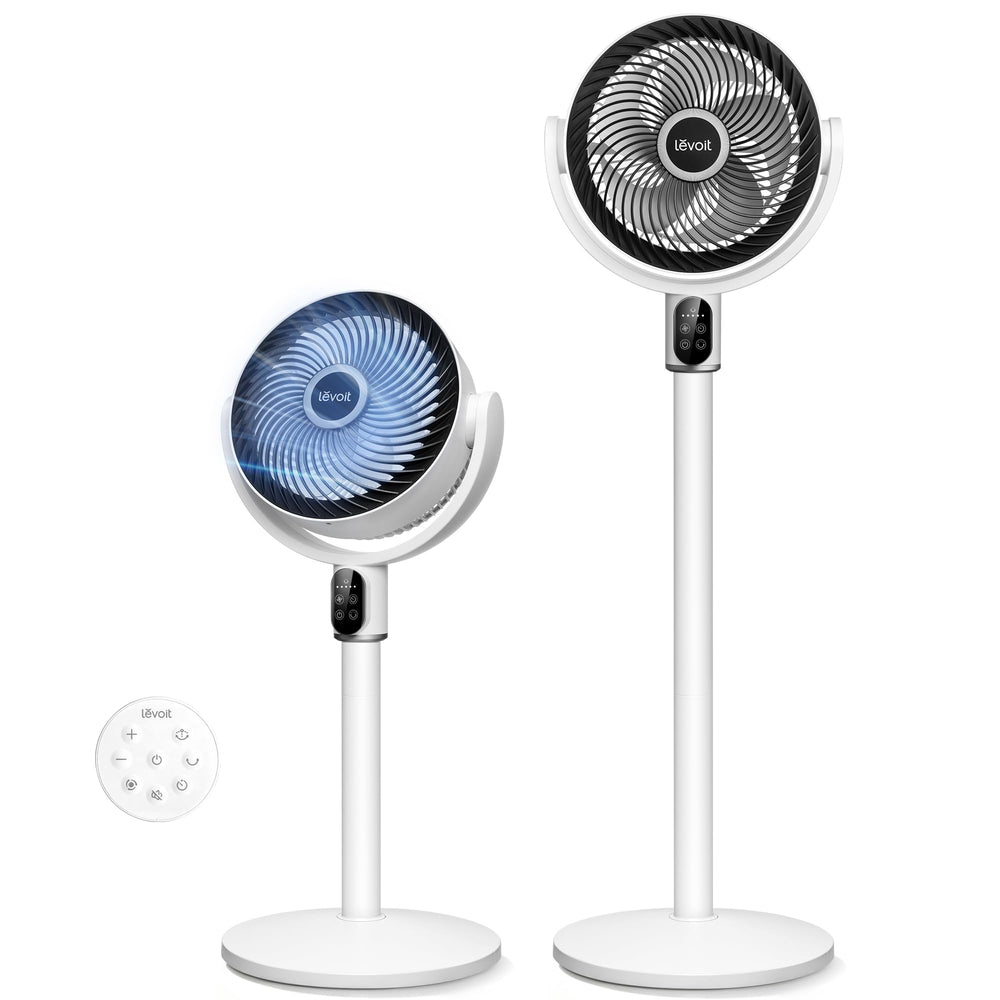 Levoit standing fan front view showing pedestal airflow and cooling benefit
