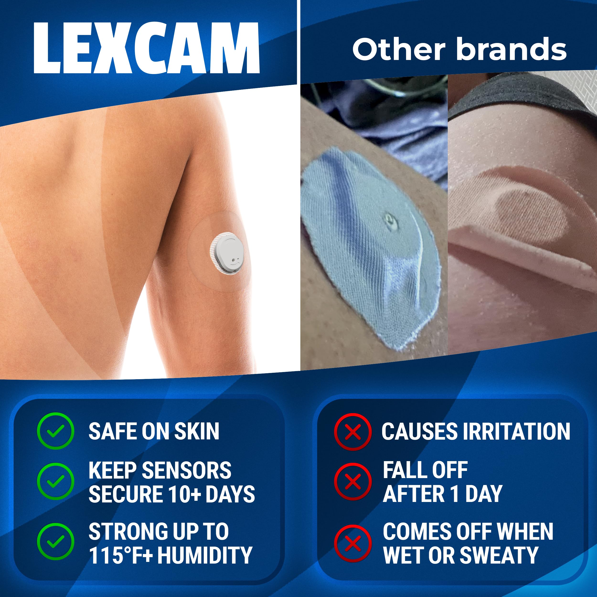 Lexcam close-up adhesive texture highlighting gentle hypoallergenic stick