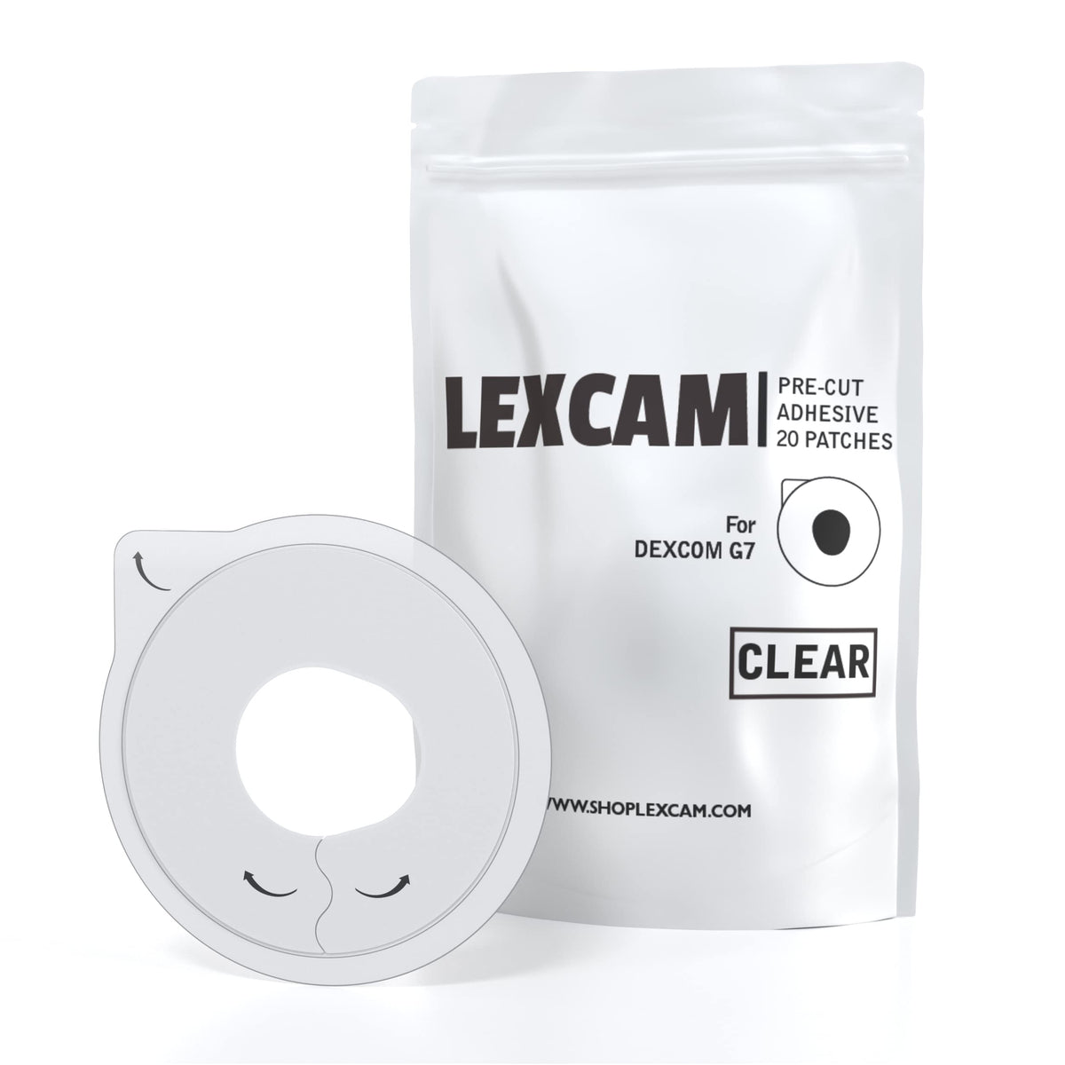 Lexcam front packaging 20-pack showing clear overpatches and benefits