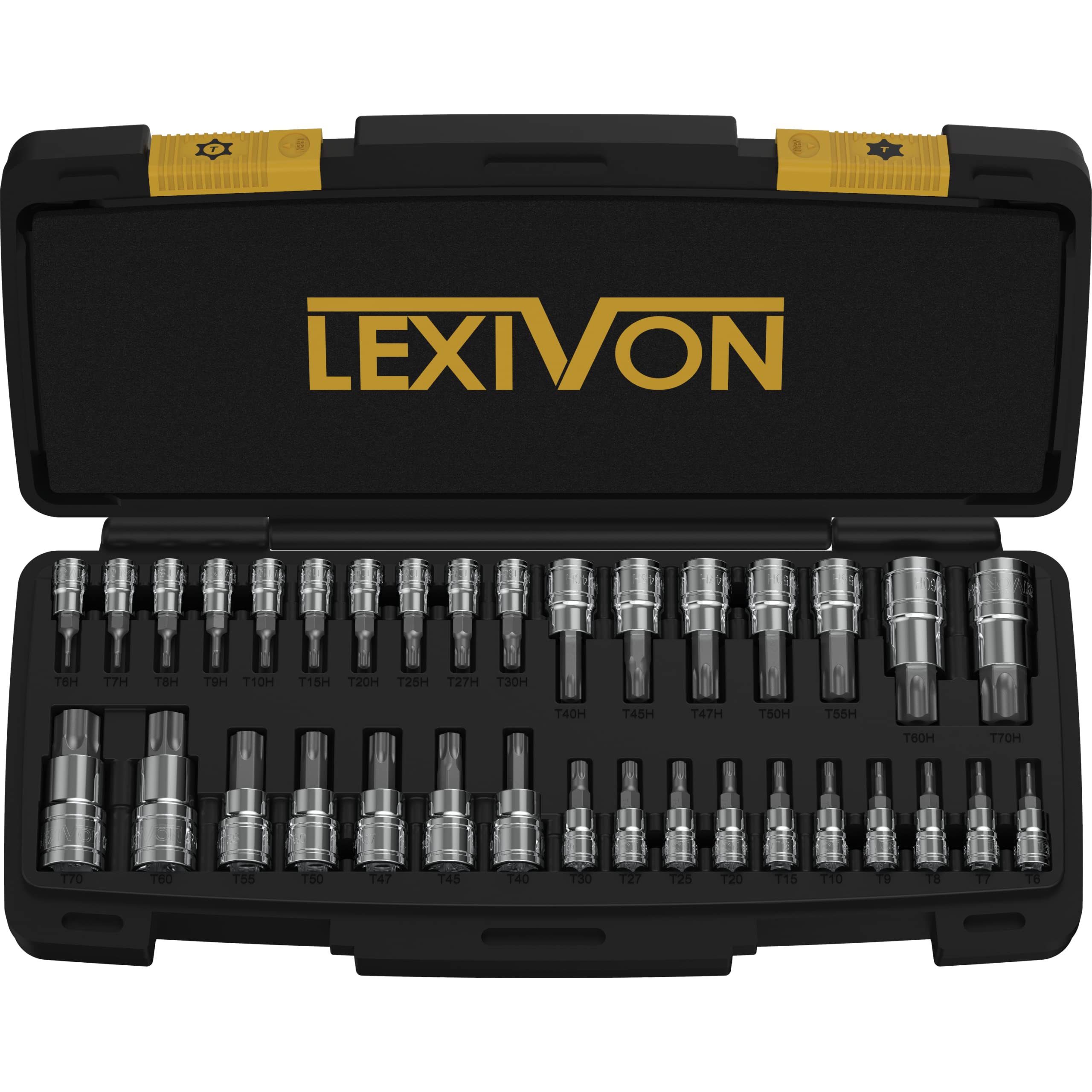 LEXIVON torx set front packaging shows full 34-piece kit and durable case benefit