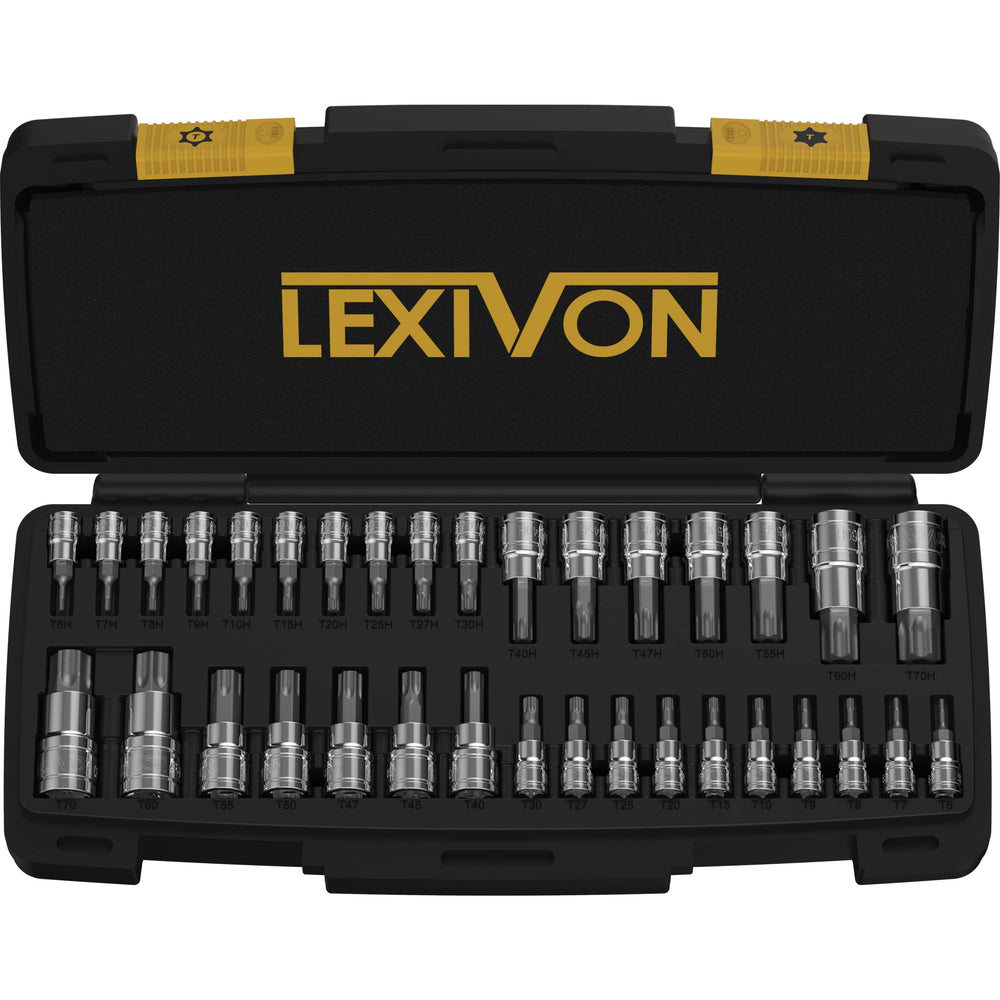 LEXIVON torx set front packaging shows full 34-piece kit and durable case benefit
