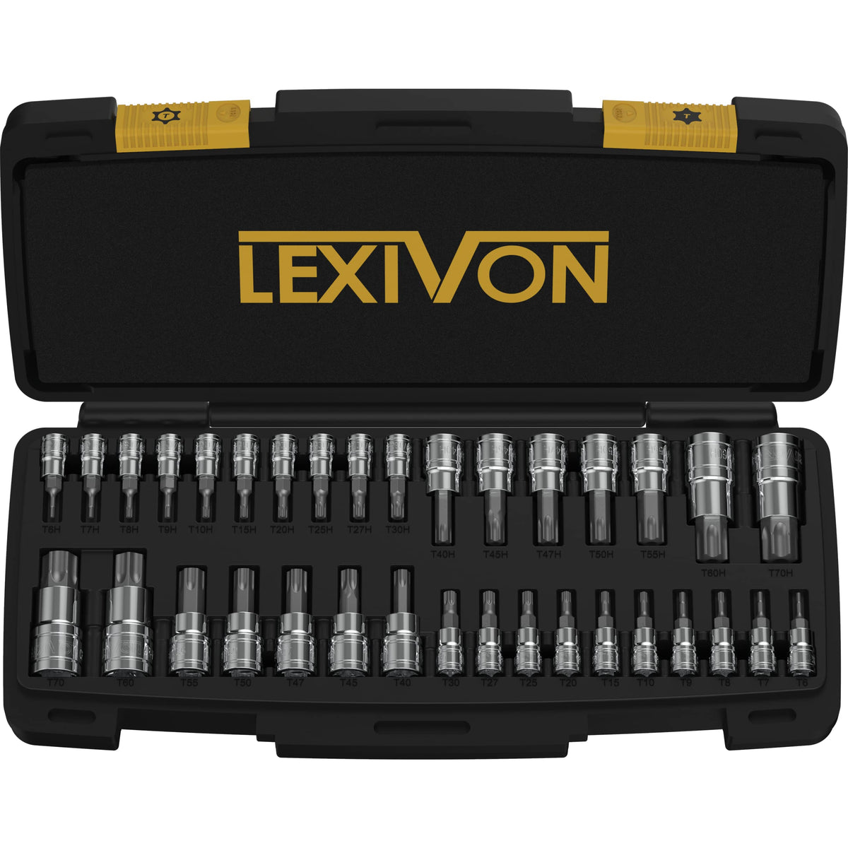 LEXIVON torx set front packaging shows full 34-piece kit and durable case benefit