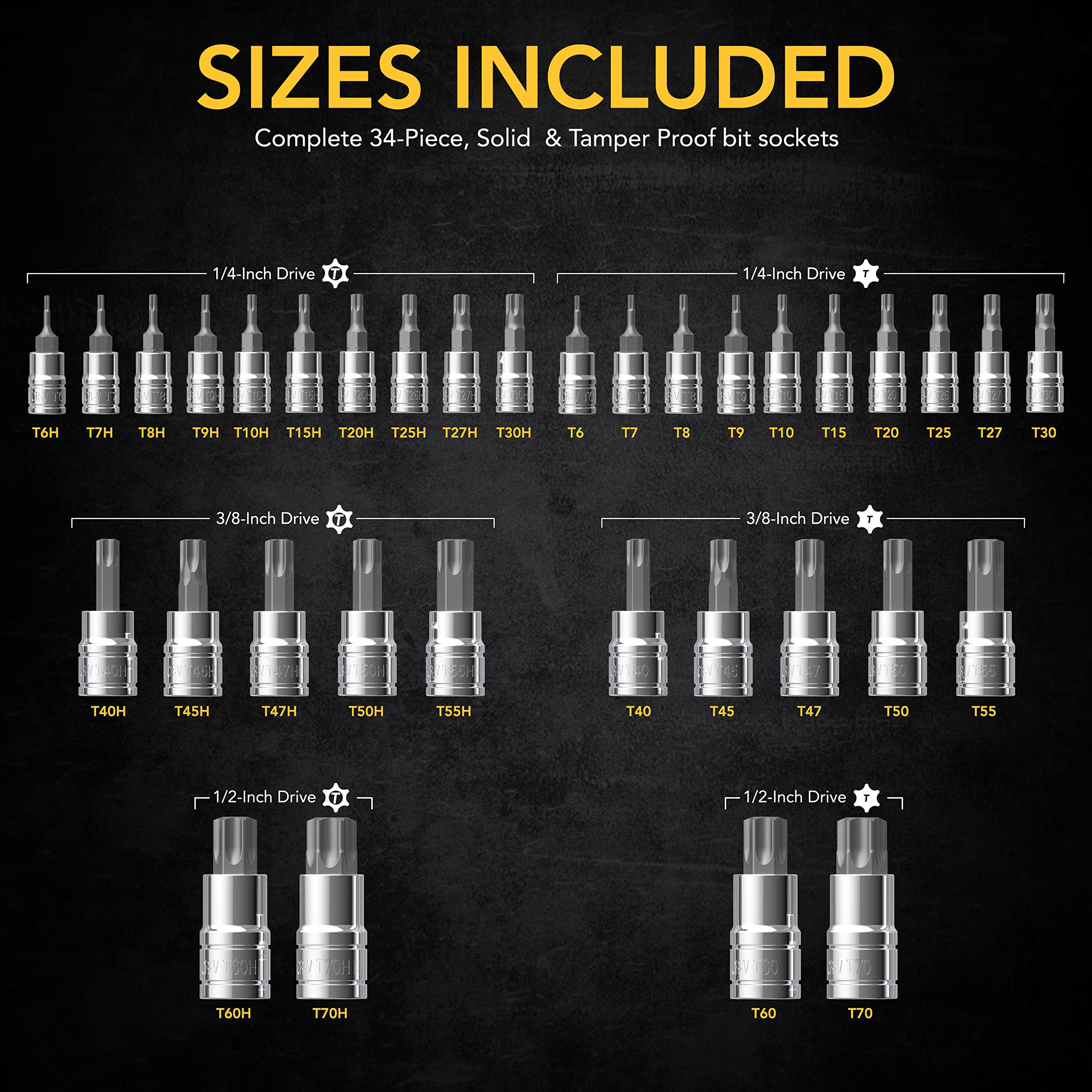 LEXIVON torx size comparison scale shows range T6 to T70 for versatile applications