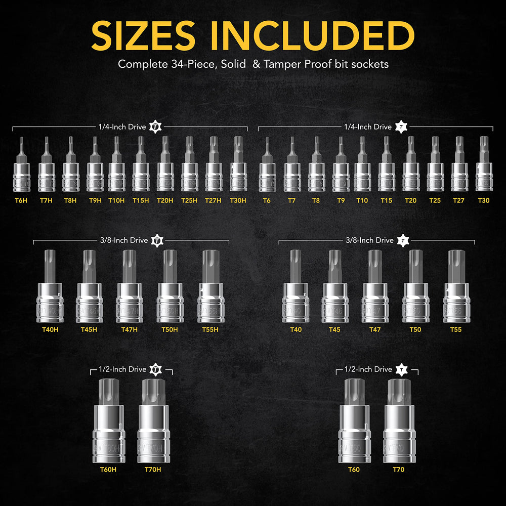 LEXIVON torx size comparison scale shows range T6 to T70 for versatile applications
