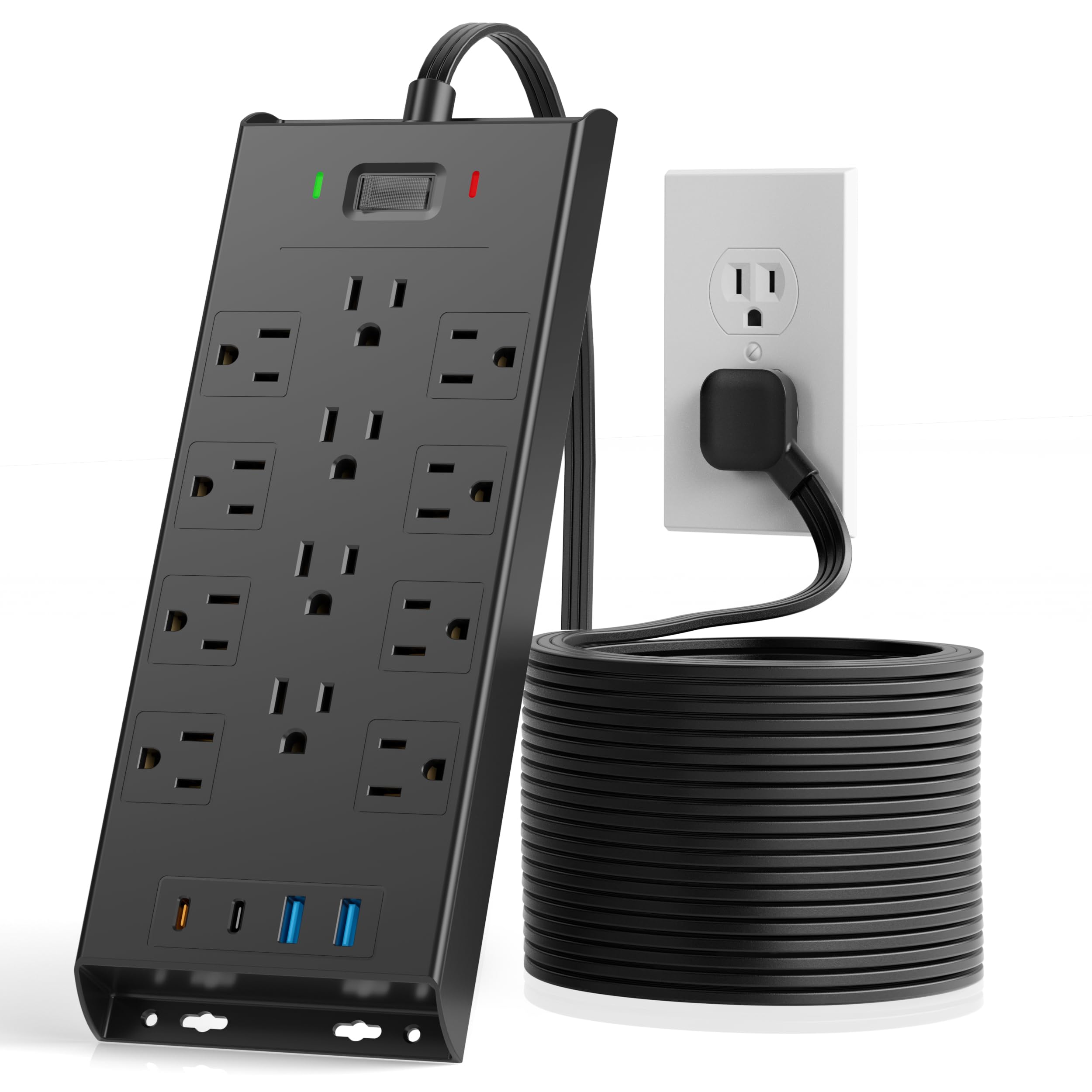 LeZone front view of power strip showing 12 outlets and four USB ports for organized charging