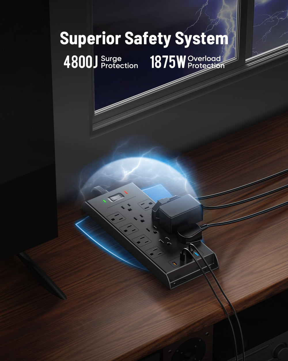 LeZone power strip wall-mounted under a shelf to organize and protect devices
