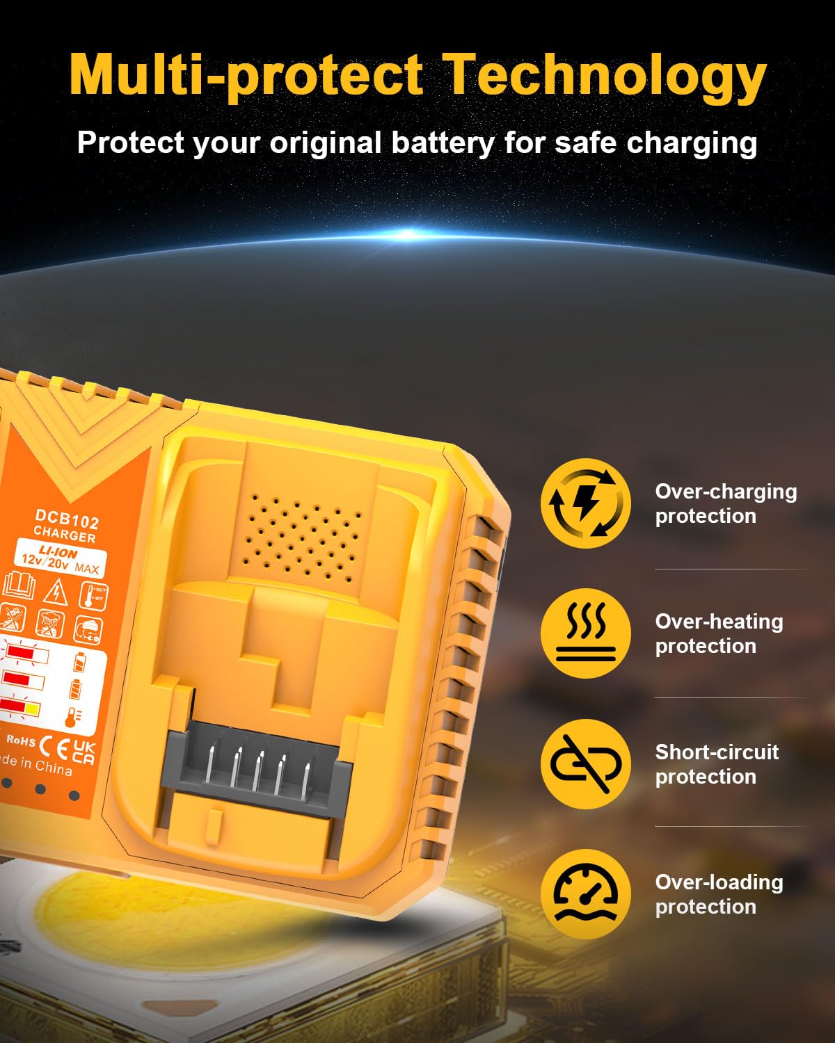 LiBatter charger with plug connected to wall outlet, depicting wide 100–240V compatibility benefit