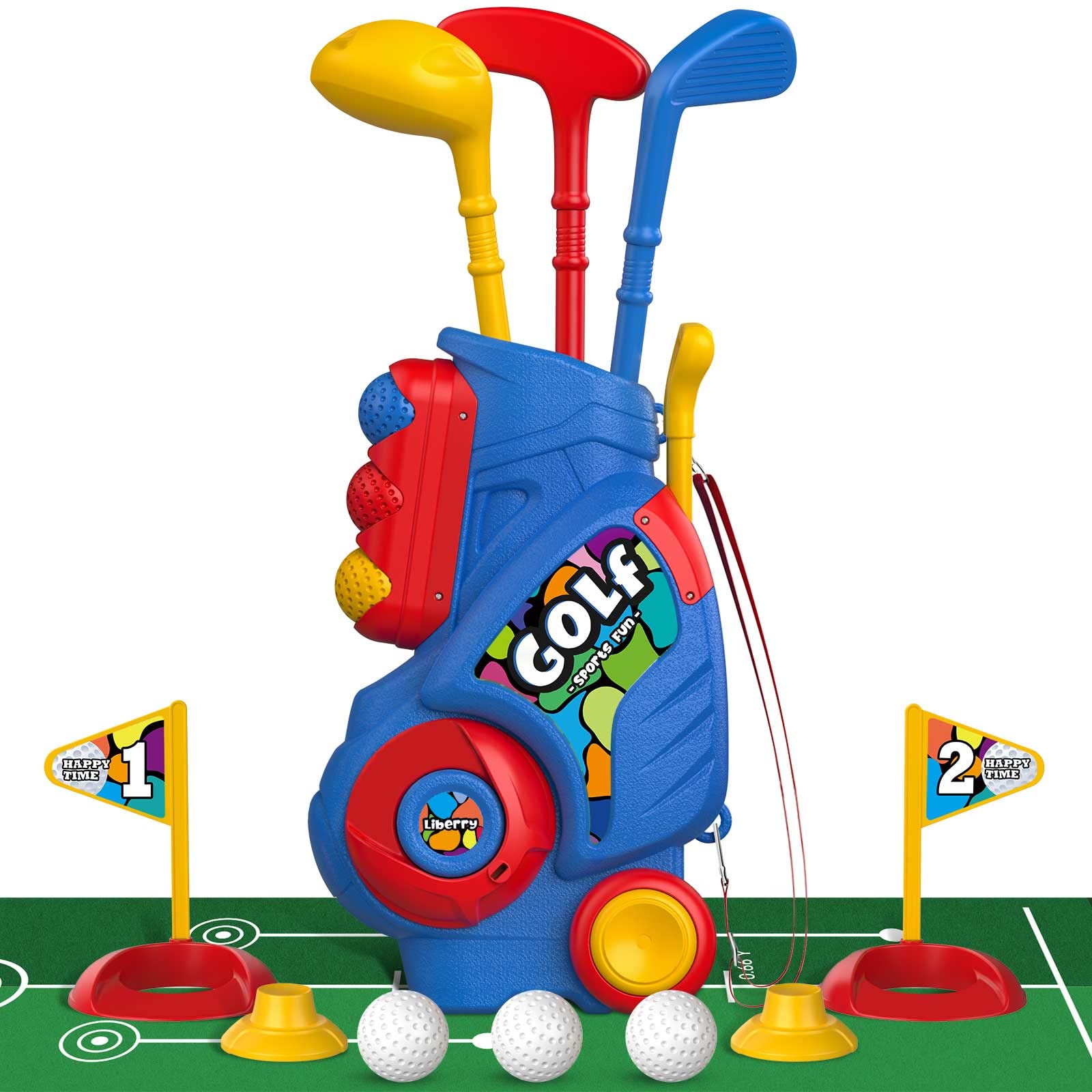 Liberry front packaging showing full blue toddler golf set and benefits