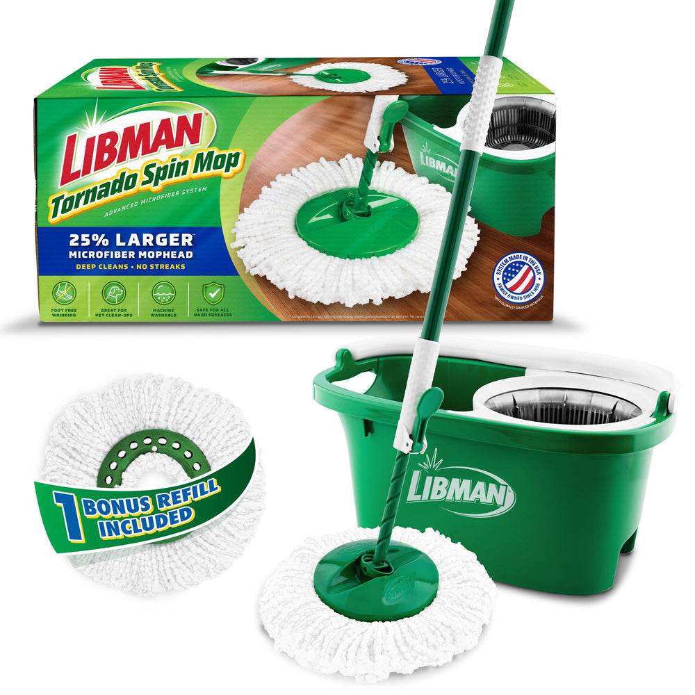 LIBMAN COMMERCIAL front view of Tornado spin mop and bucket showing compact storage and convenience