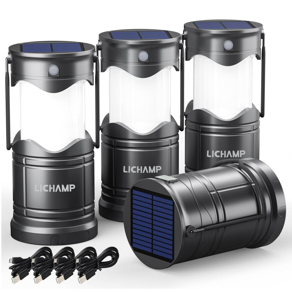 Lichamp front view of four lanterns showing compact storage and portability benefit