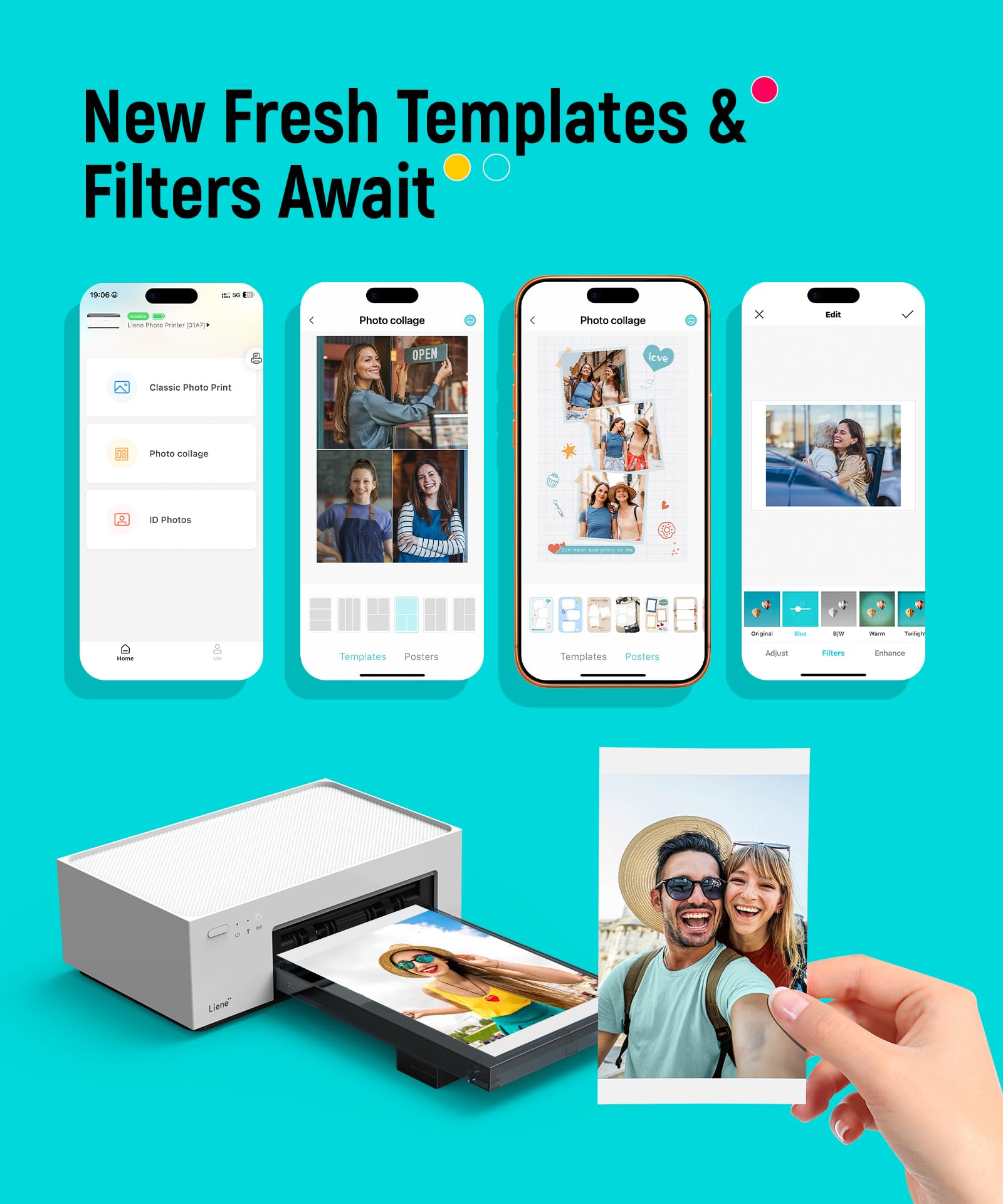 Liene M100 on tabletop surrounded by prints showing instant photo sharing benefit