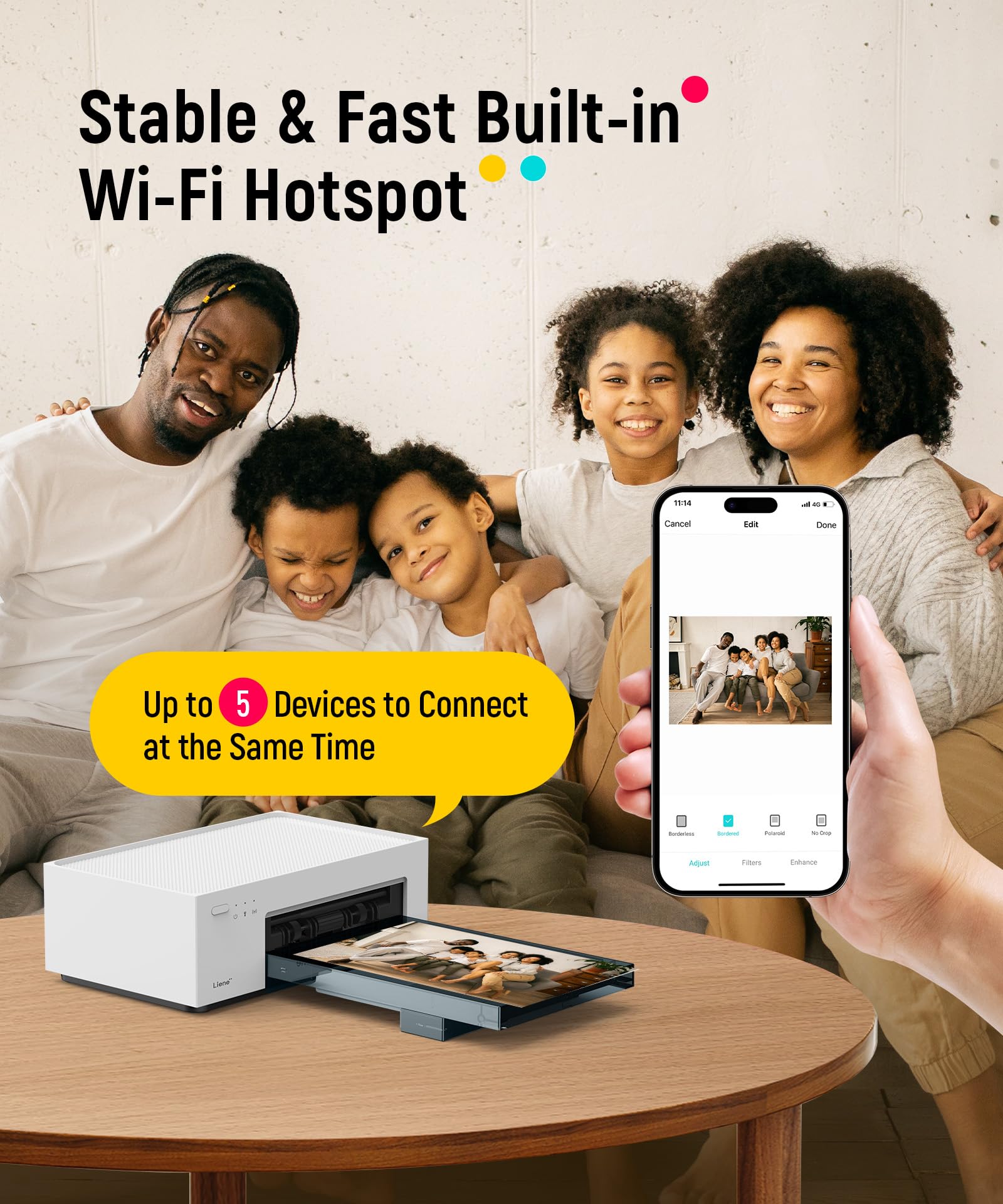 Liene M100 with smartphone connected to hotspot illustrating fast direct printing benefit