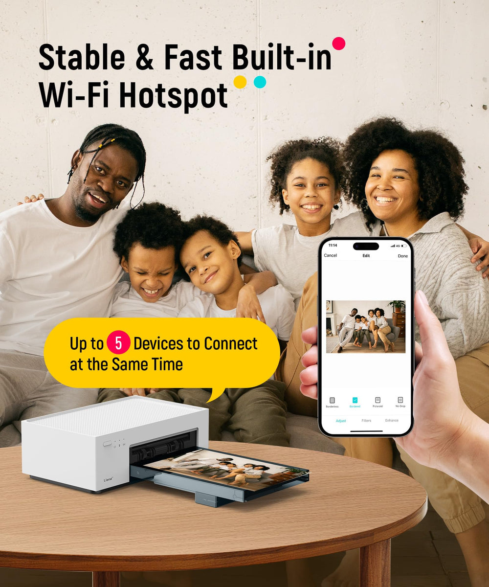 Liene M100 with smartphone connected to hotspot illustrating fast direct printing benefit