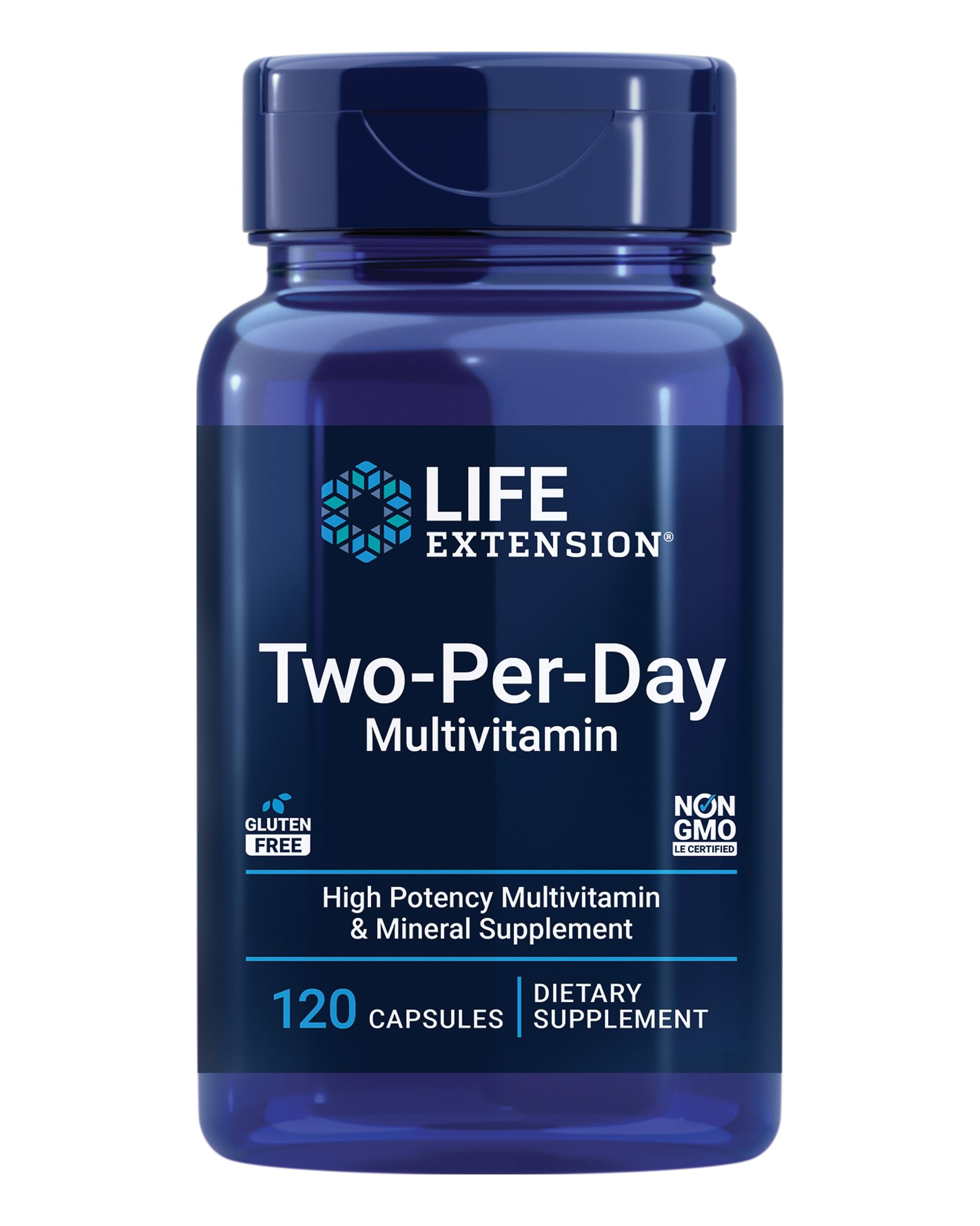 Life Extension front view of 120-capsule bottle showing clear benefits