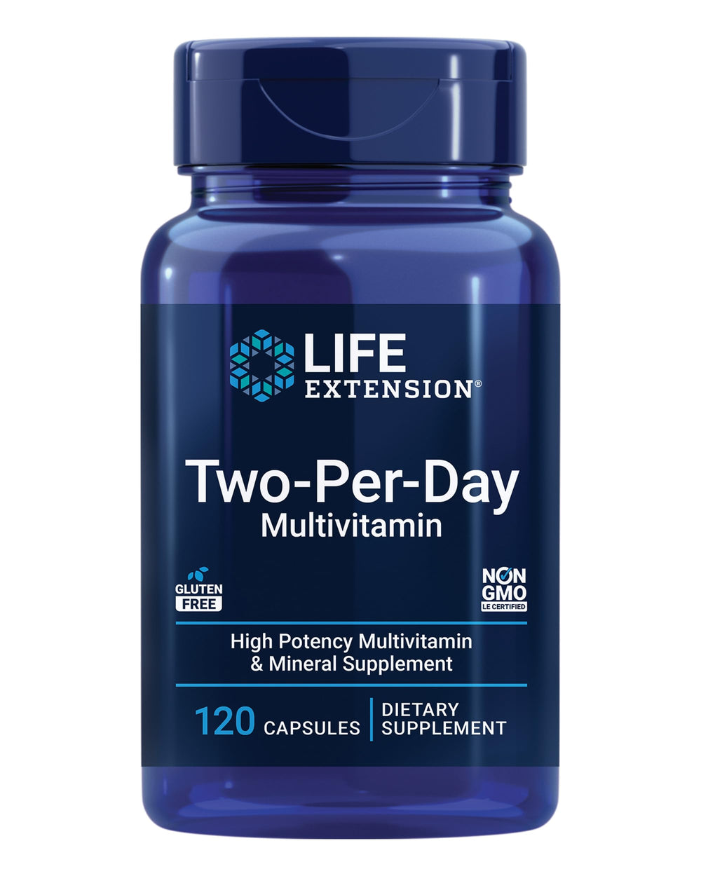 Life Extension front view of 120-capsule bottle showing clear benefits