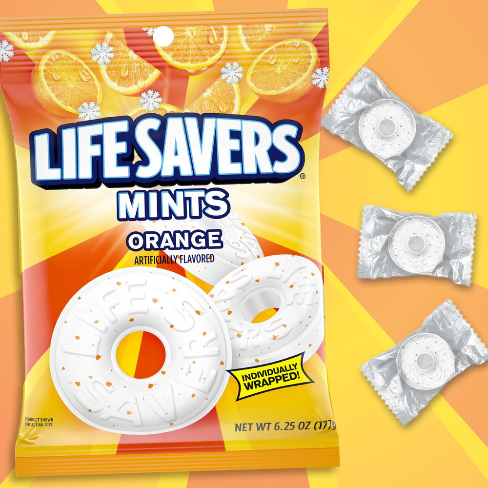 Close-up of Life Savers orange mint pieces showing texture and bright color appeal