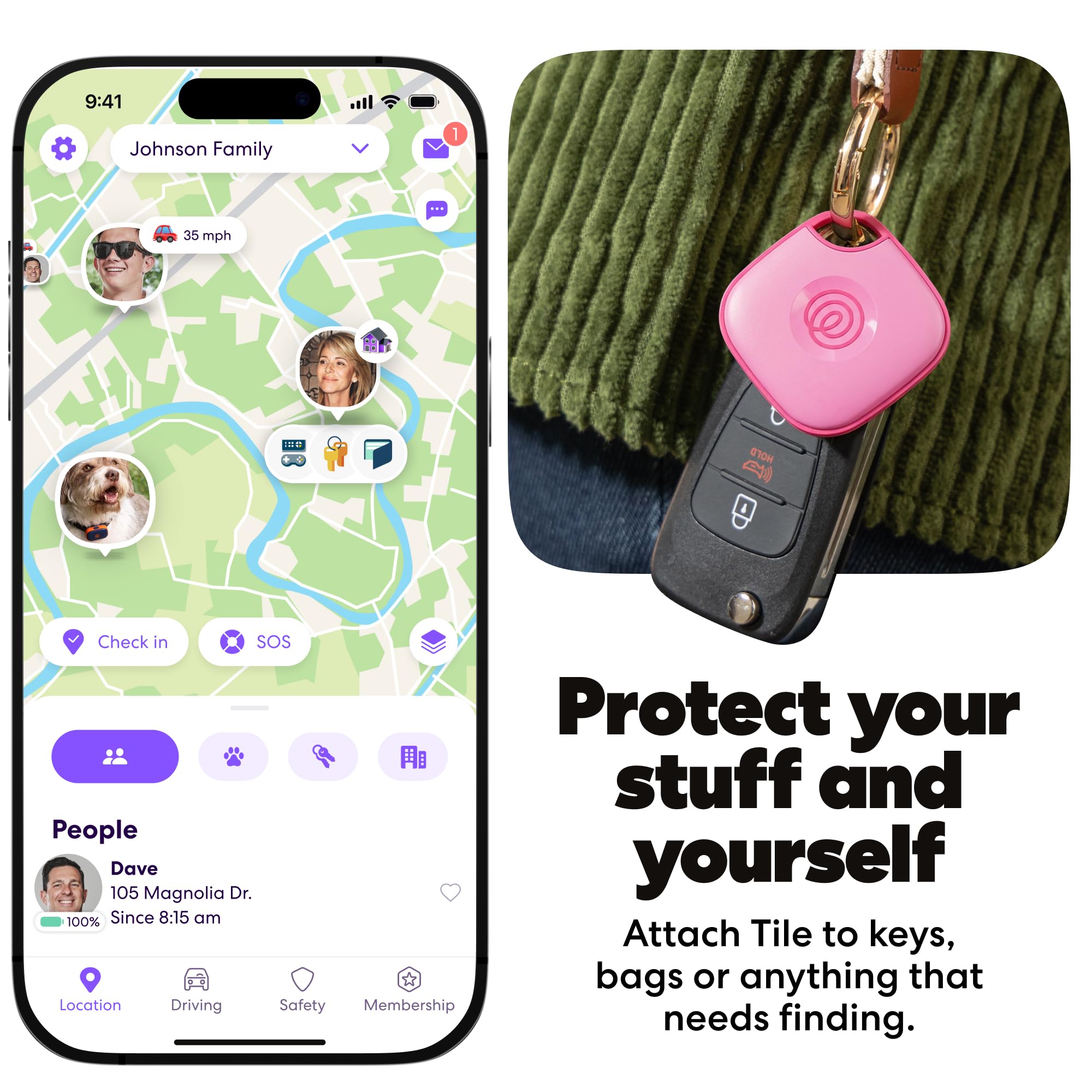Life360 Tile clipped to keys illustrating quick attachment and convenience