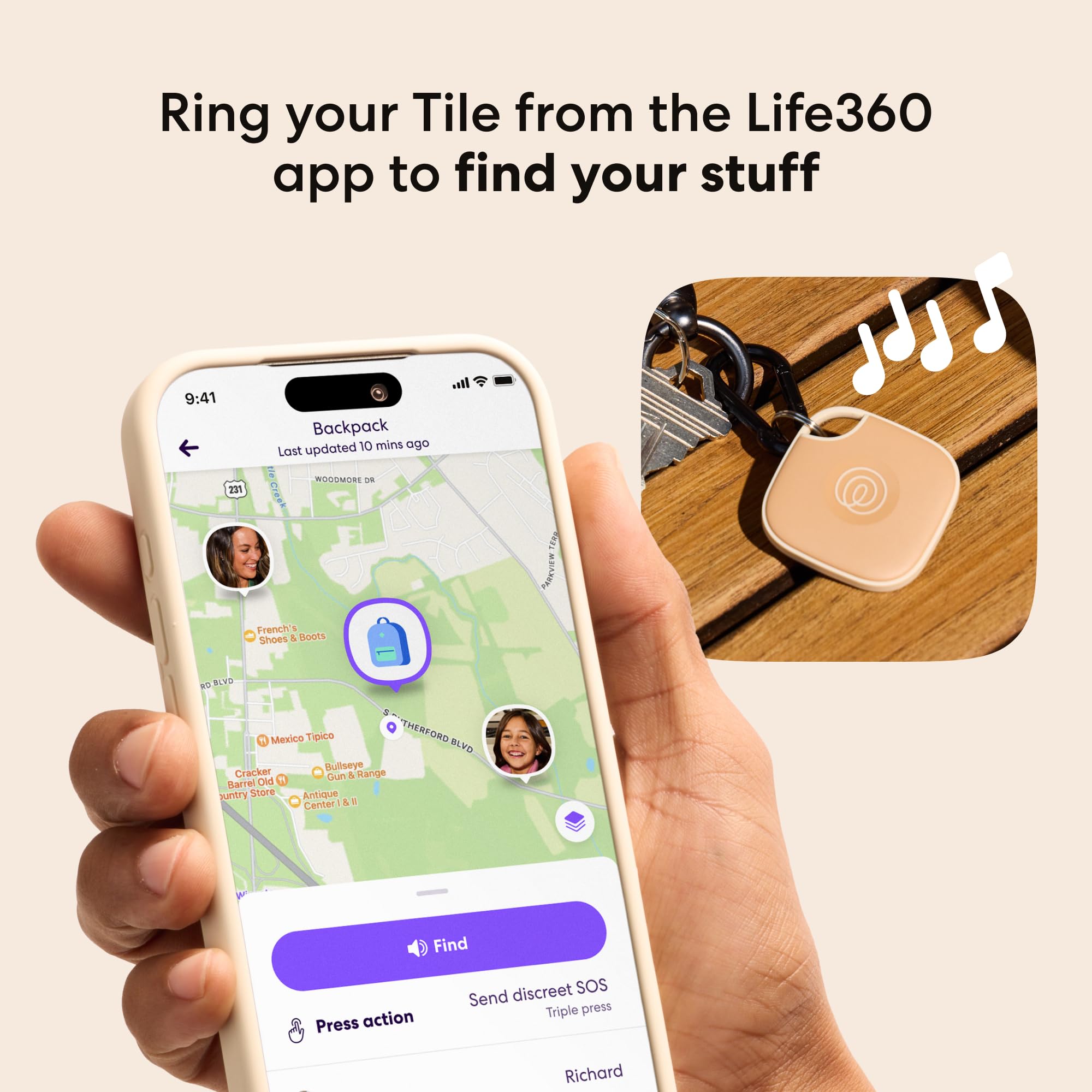 Life360 Tile attached to key ring demonstrating secure fit and fast find benefit