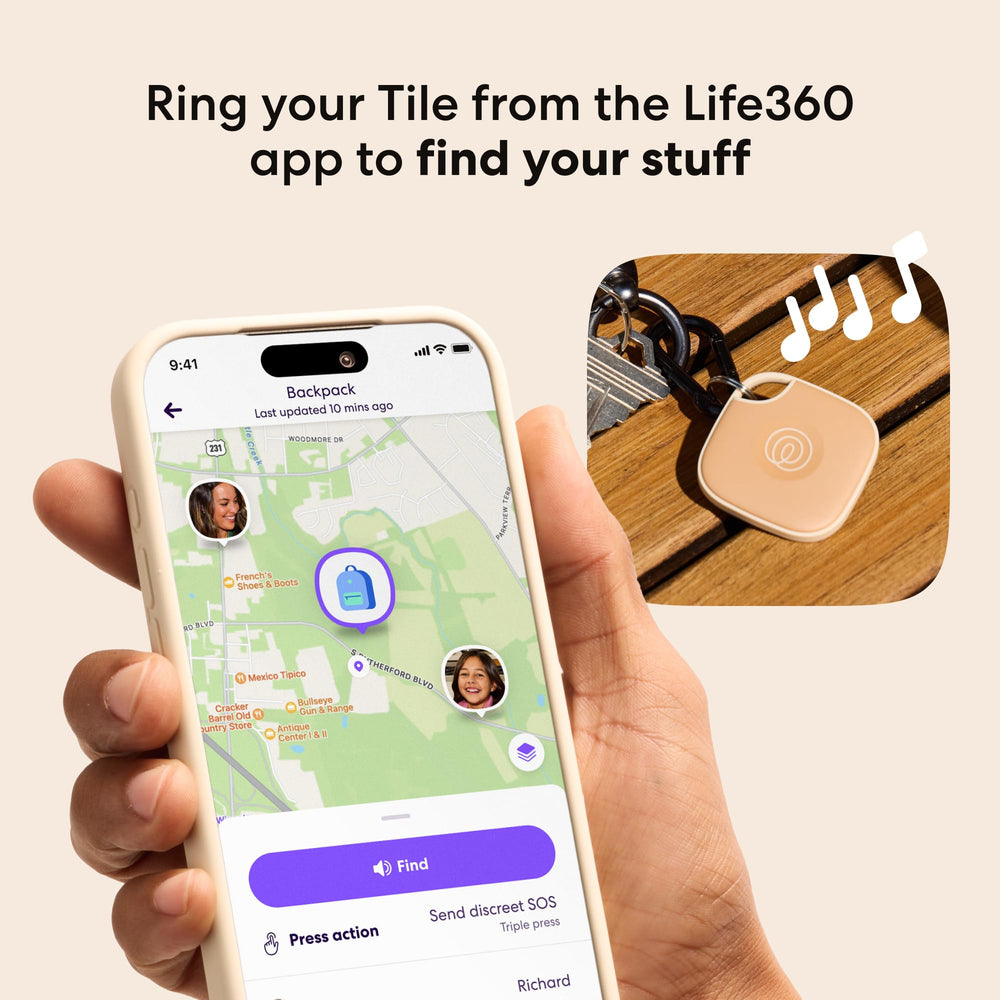 Life360 Tile attached to key ring demonstrating secure fit and fast find benefit