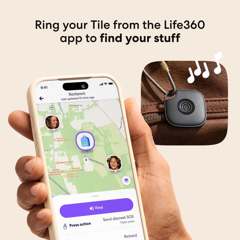 Life360 Tile button close-up illustrating the double-press phone-finding feature and tactile control