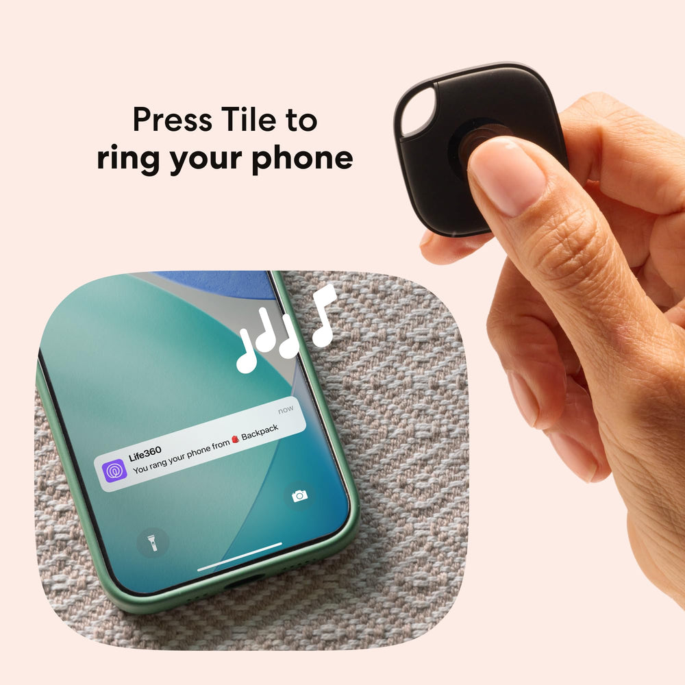 Life360 Tile on a couch cushion finding a hidden phone fast with audible ring and relief
