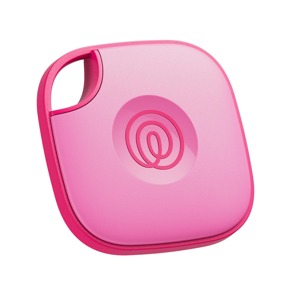 Life360 Tile front view in Pink Punch showing compact tracker and brand