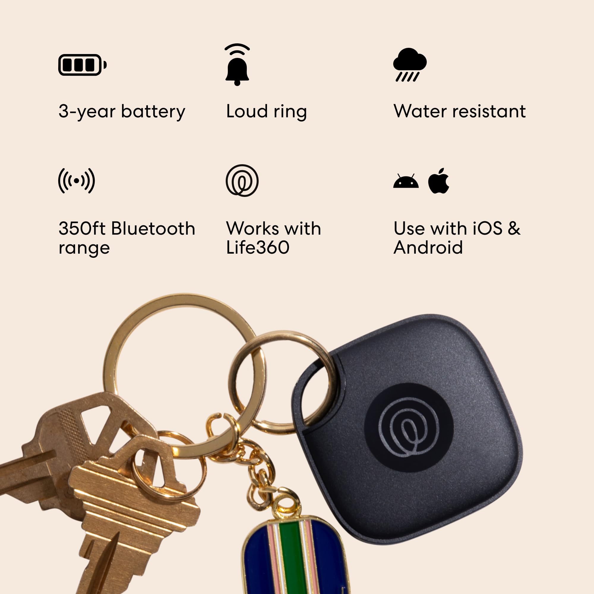 Life360 Tile clipped to a backpack in use, Life360 helps locate bags on the go