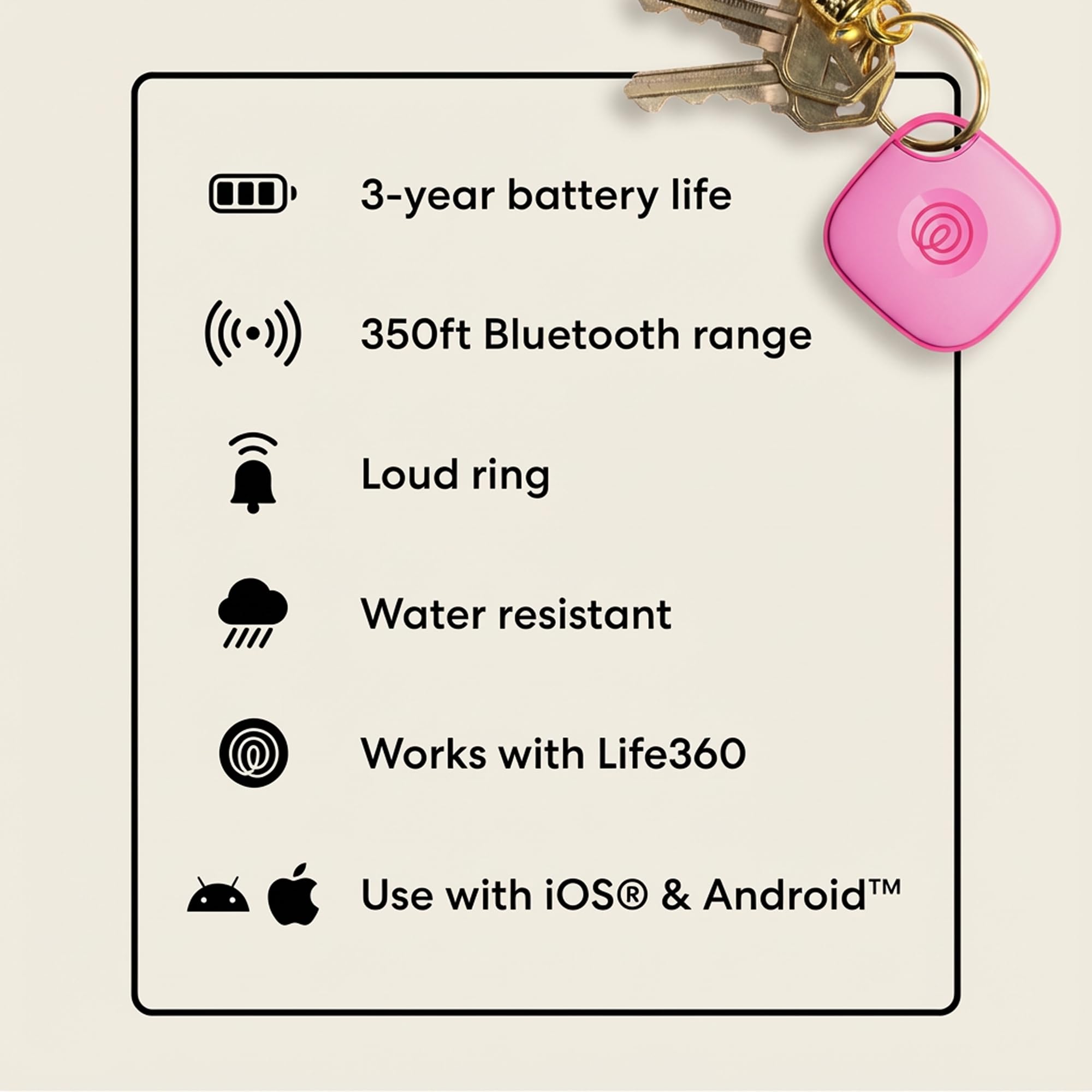 Life360 Tile in a lifestyle scene with bag and phone showing everyday use