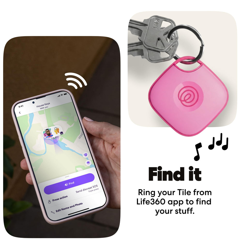 Life360 Tile mounted on a backpack strap showing on-the-go tracking