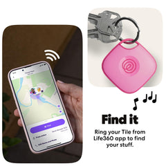 Life360 Tile mounted on a backpack strap showing on-the-go tracking