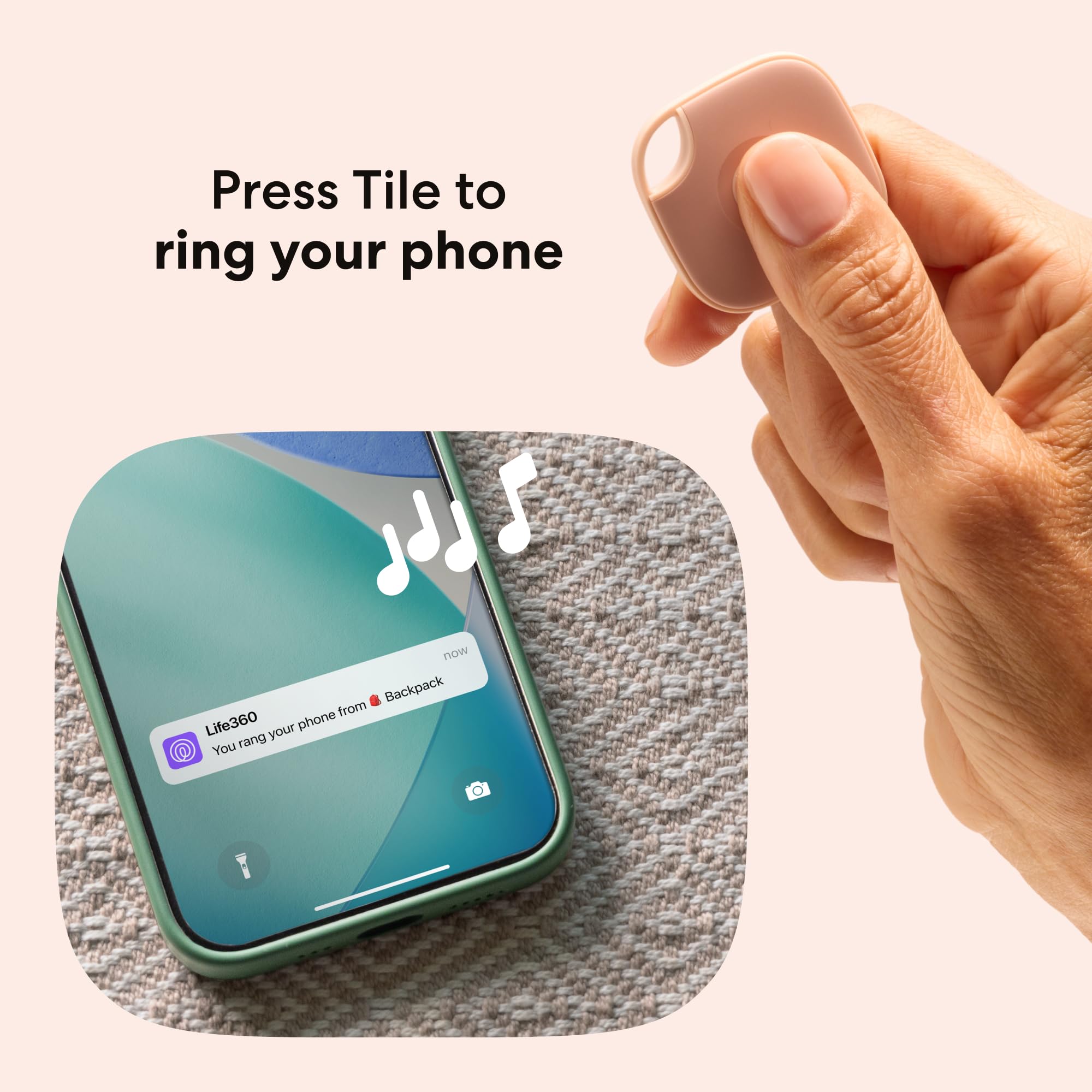 Life360 Tile being used to ring a phone showing quick phone-locate benefit