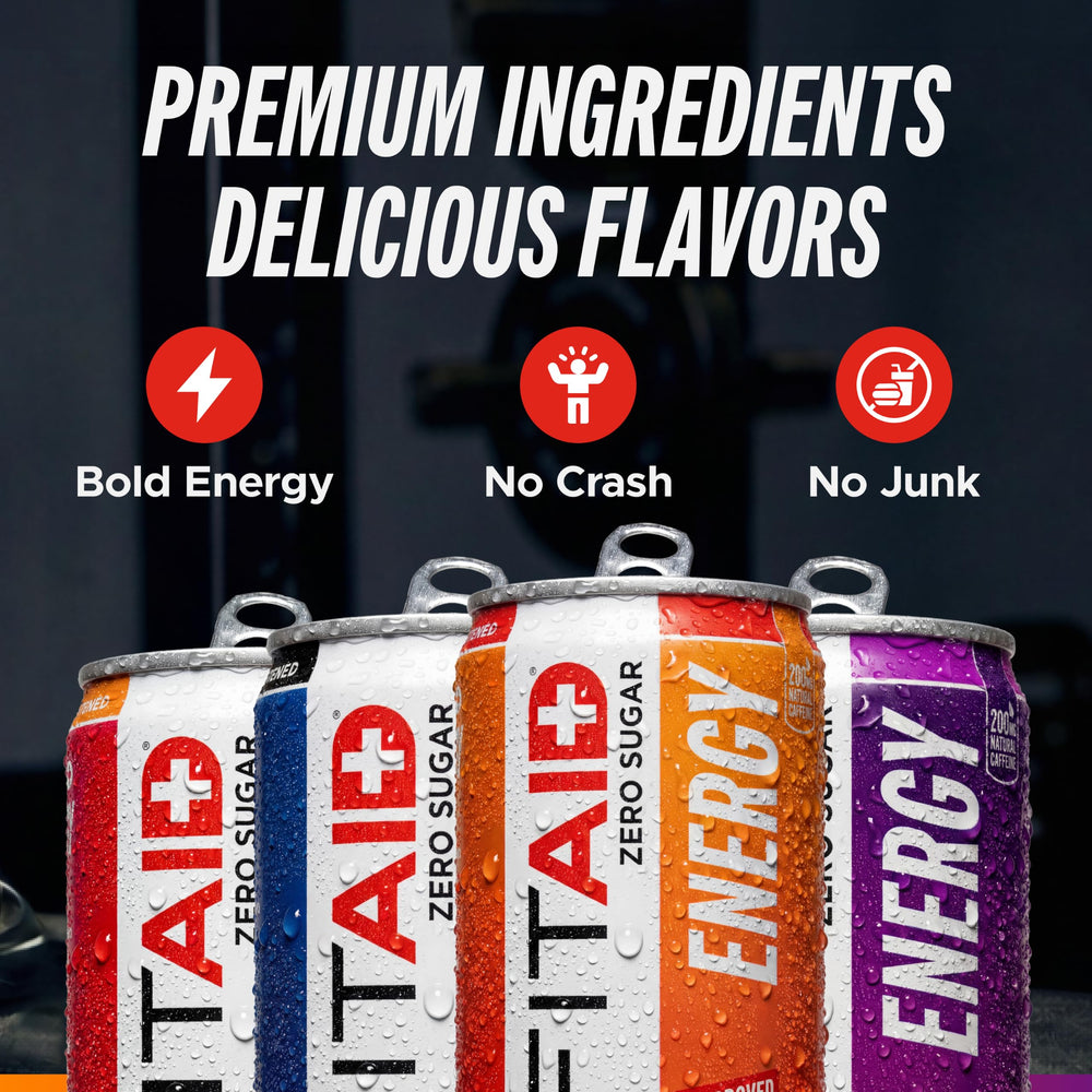 LIFEAID FITAID Grape Acai cans grouped to highlight variety and sugar-free full-flavor options