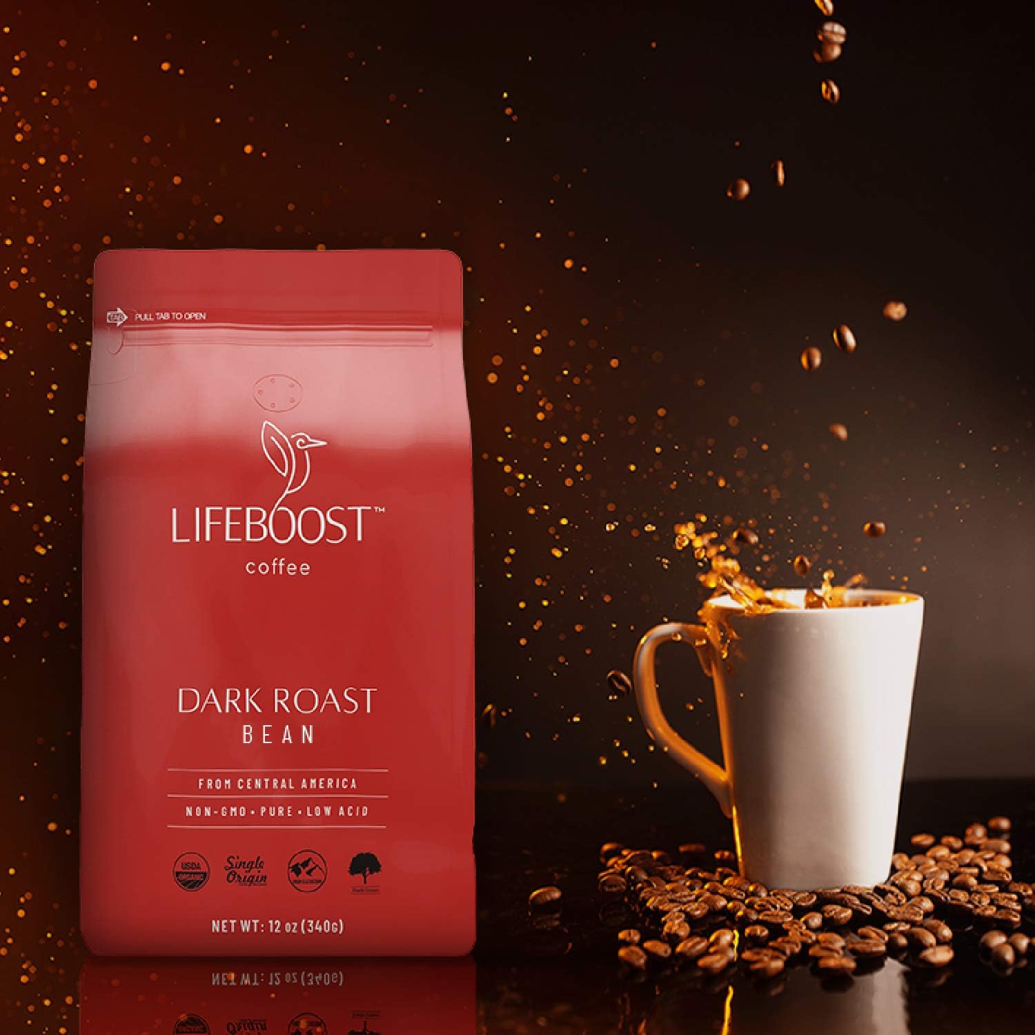 Lifeboost whole beans close-up highlighting roast color and rich texture