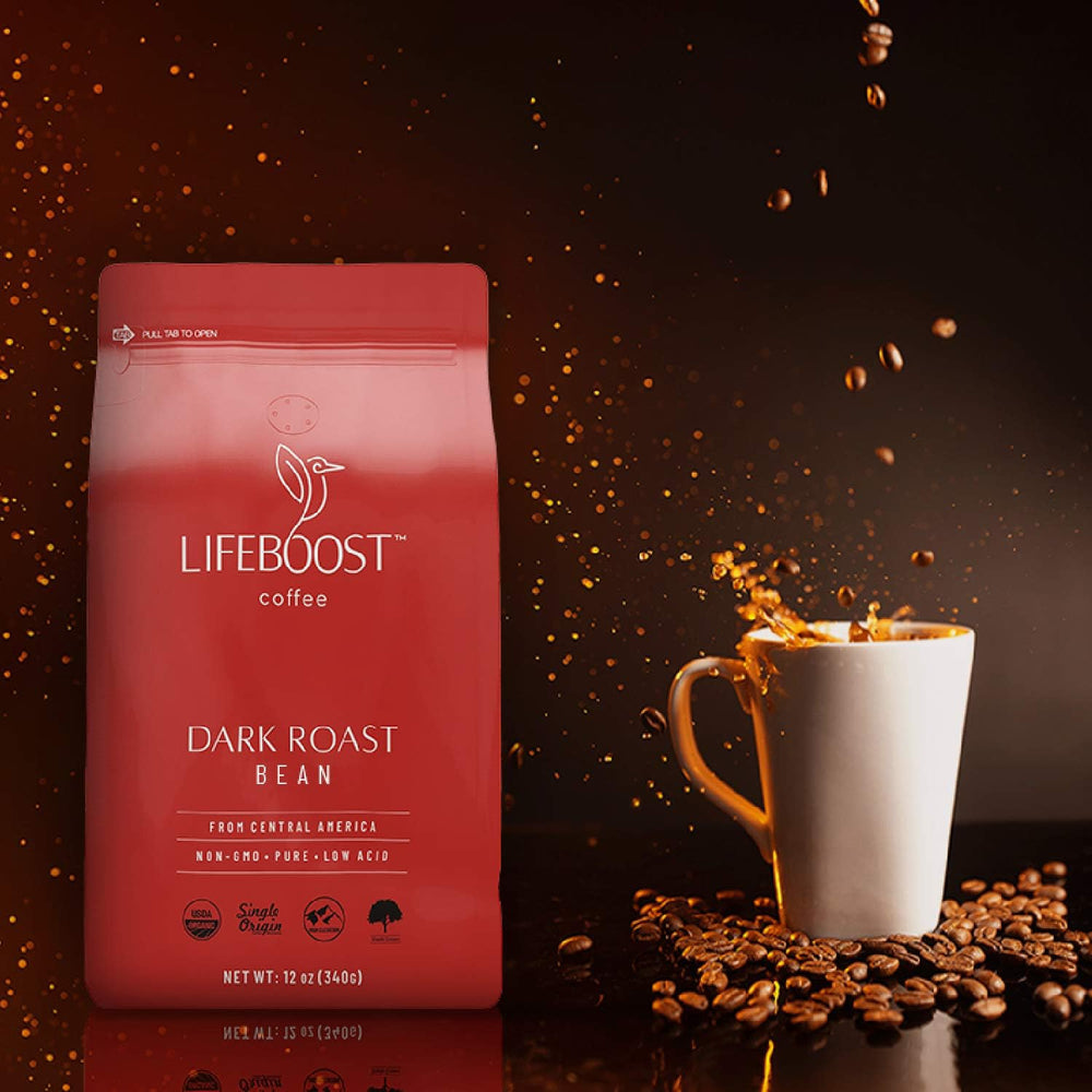 Lifeboost whole beans close-up highlighting roast color and rich texture