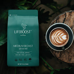 lifeboost close-up of ground coffee texture highlighting rich medium roast aroma