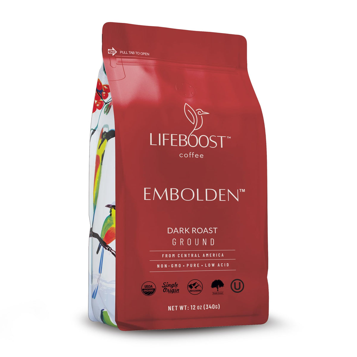 LIFEBOOST front packaging showing dark roast label and organic badge for confidence
