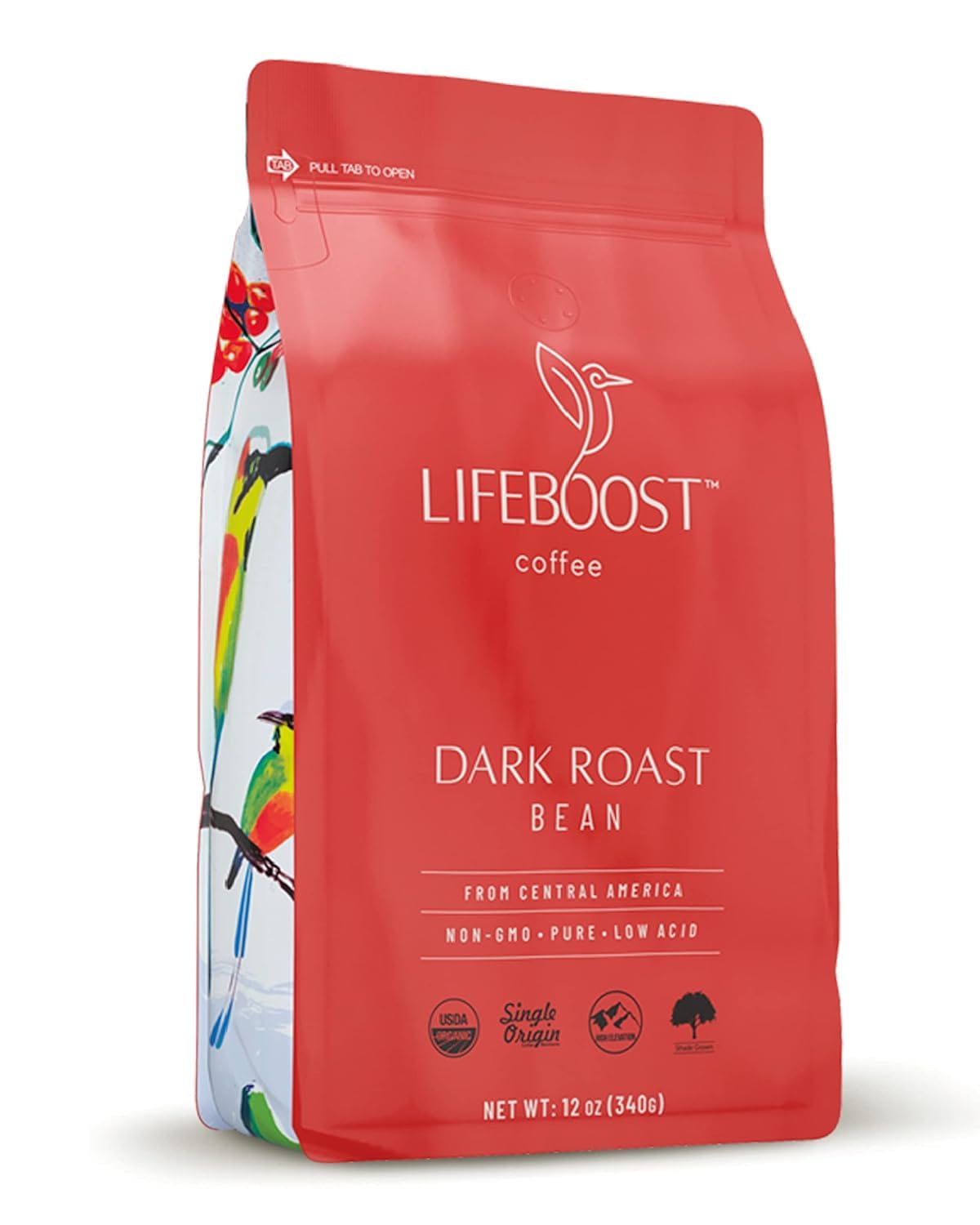 Lifeboost front packaging showing organic dark roast and 12oz freshness benefit