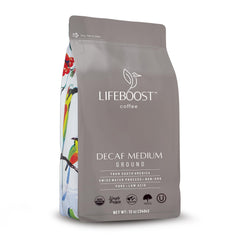 Lifeboost front bag showing organic decaf branding and benefits