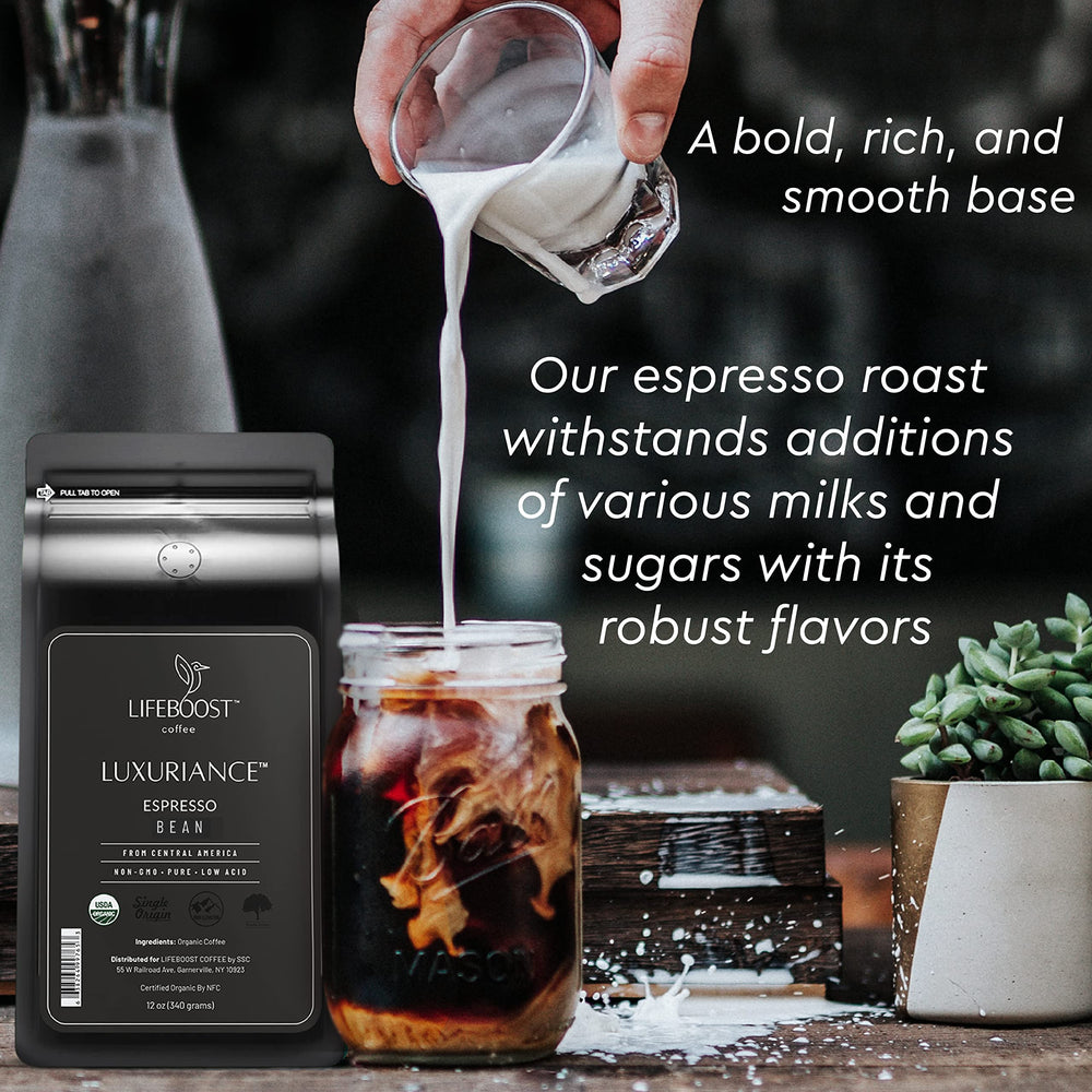 Lifeboost espresso shot with thick crema demonstrating smooth flavor and extraction benefit