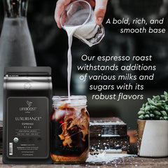 Lifeboost espresso shot with thick crema demonstrating smooth flavor and extraction benefit