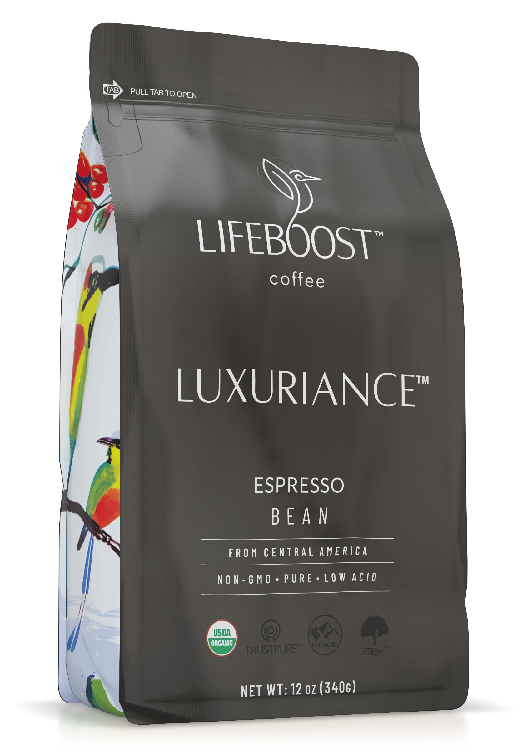 Lifeboost front packaging showing 12oz bag and organic labels, clear product benefit