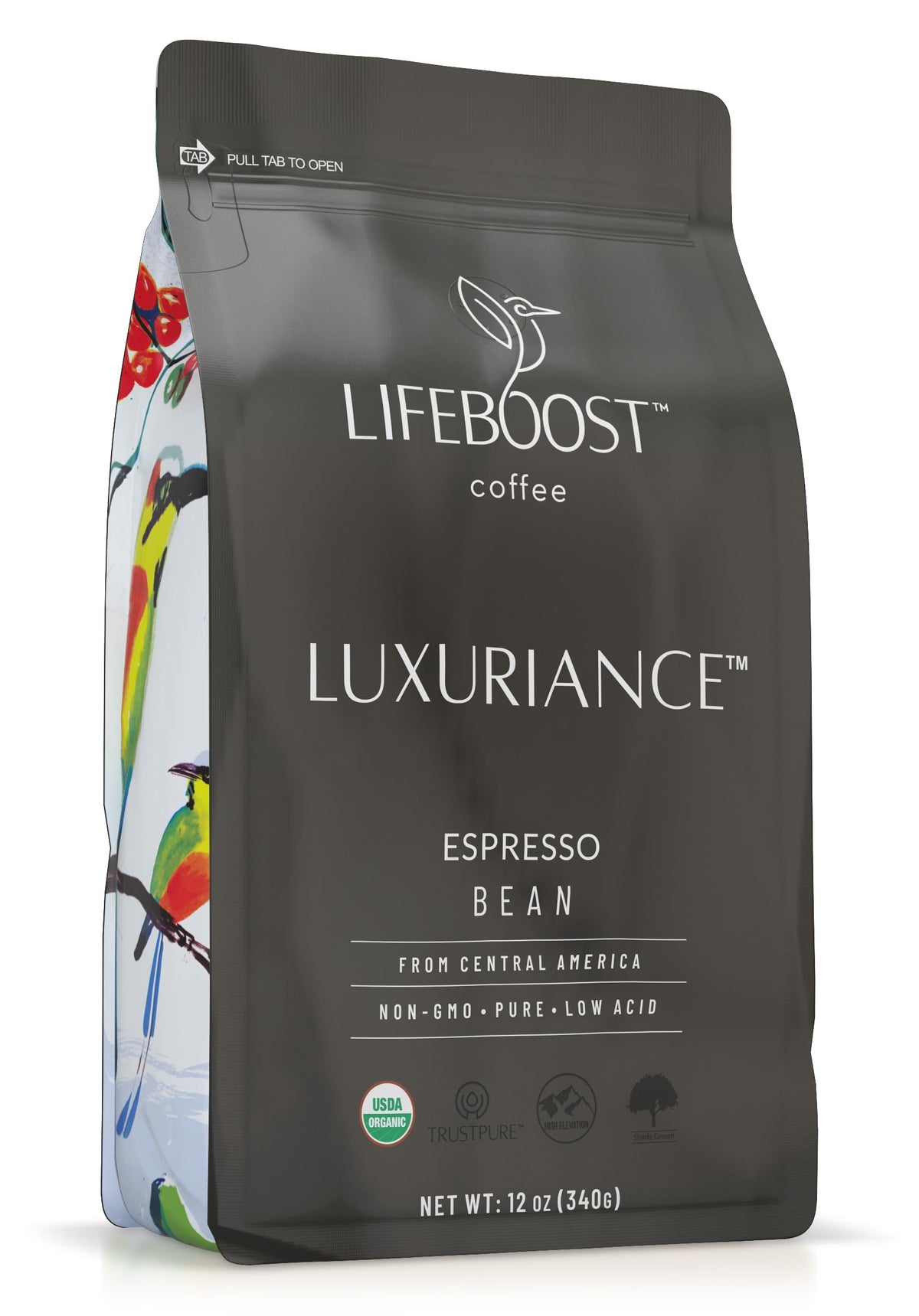 Lifeboost front packaging showing 12oz bag and organic labels, clear product benefit