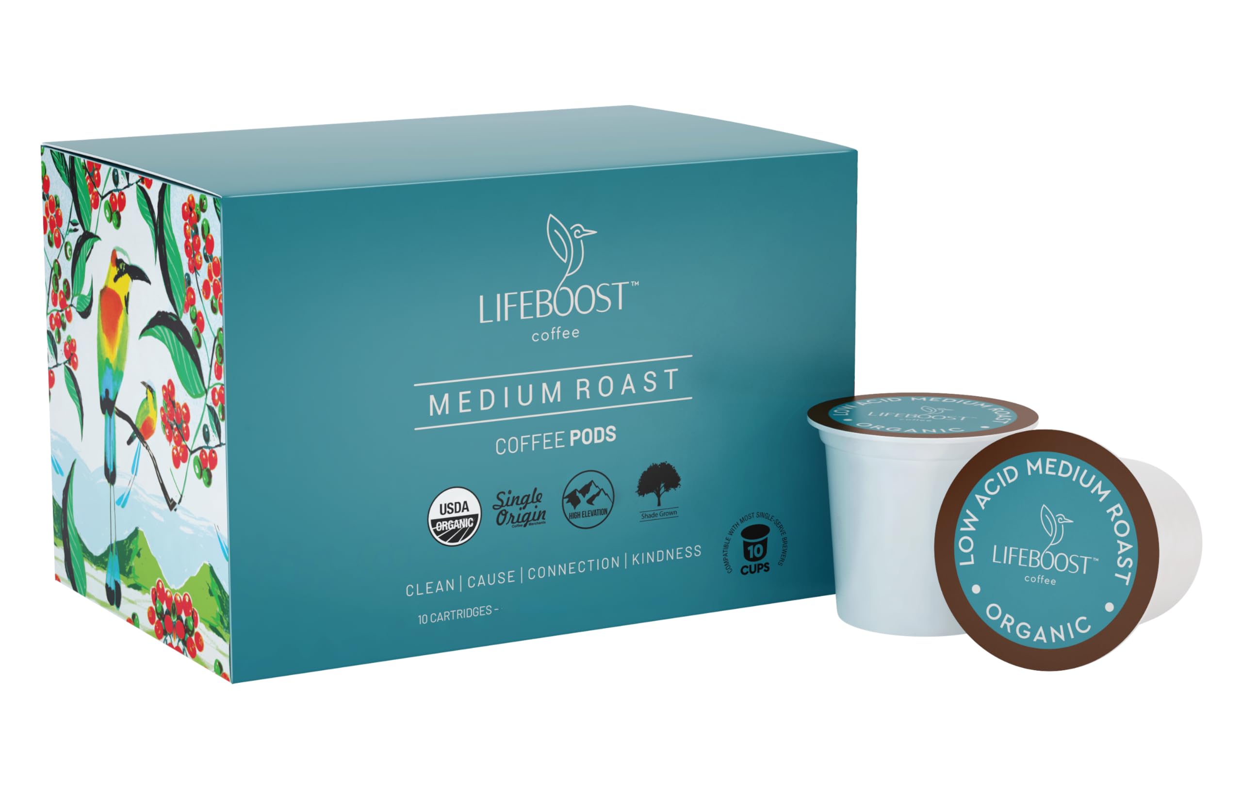 Lifeboost front packaging of 10-count K-Cups showing brand and roast benefits